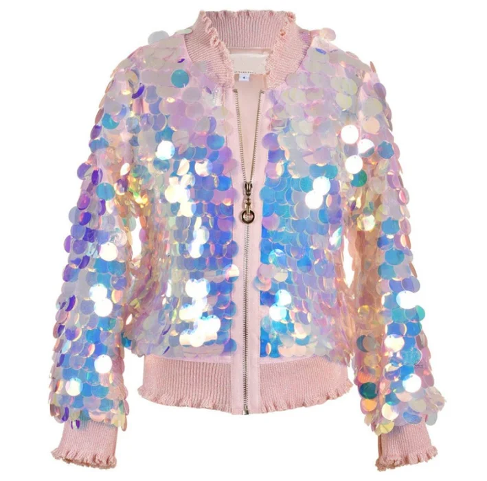 Wholesale Custom Mermaid Ruffle Trim Pink Sequin Bomber Jacket for kids Girls in Spring