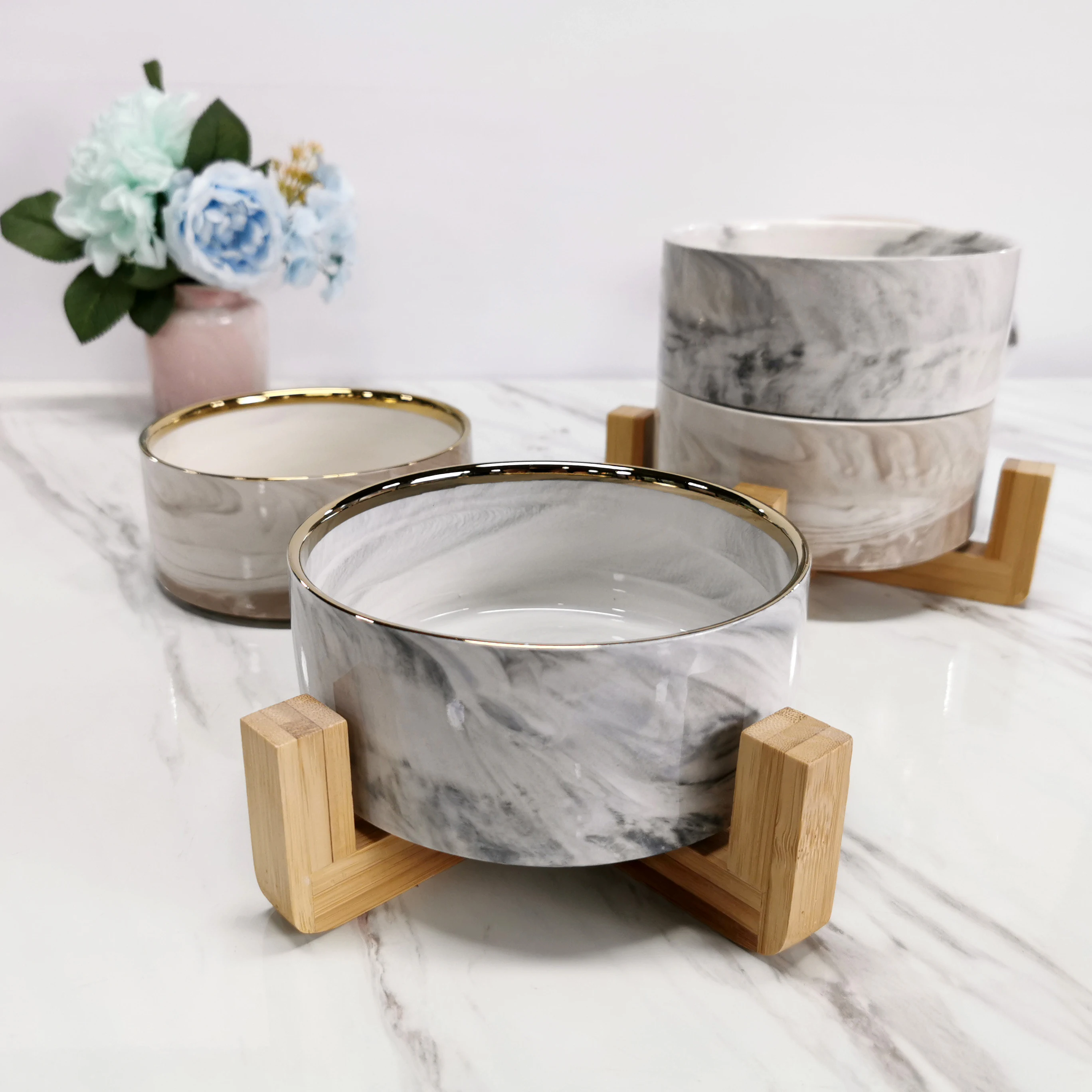 New italian white marble look ceramic 6 inch with bamboo stand gold rim pet feeding cat dog bowl set food round bowl marble