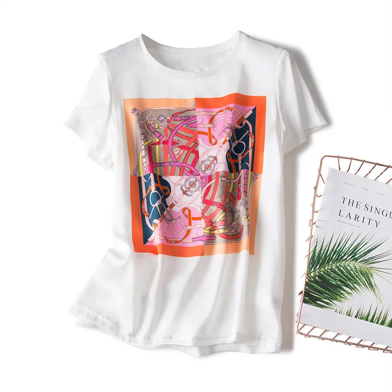 2021 Wholesale Cheap Silk Printed Casual Top Summer Real Silk Pattern Short Sleeve White Tshirt Women