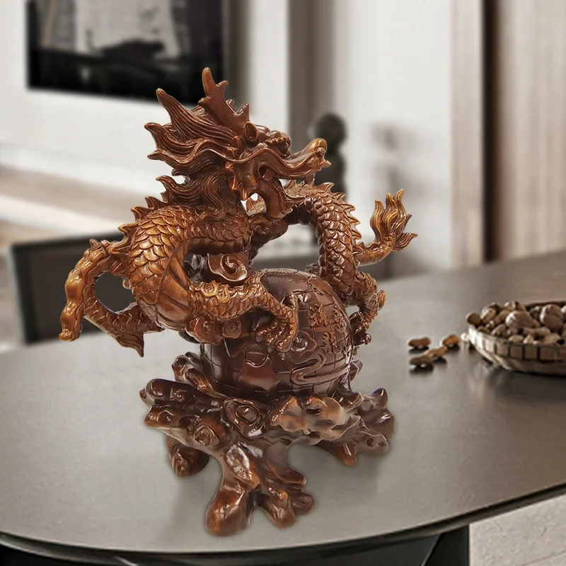 Traditional Chinese Feng shui figurines decorated wood grain color resin dragon statue crafts home decoration sculpture