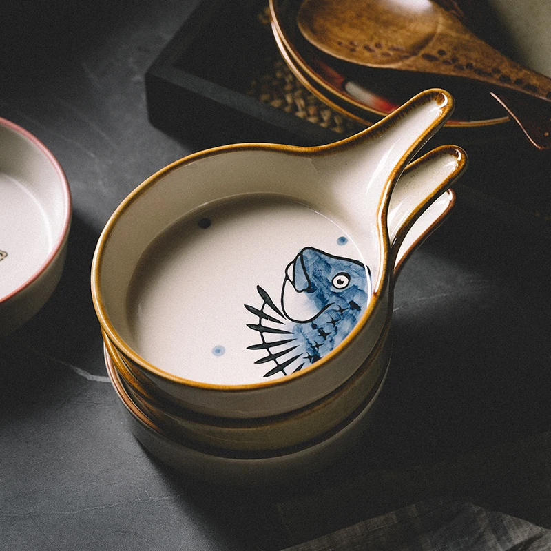 
Jade-cer black white color ceramic handle plate porcelain deep plate dinnerware sets 