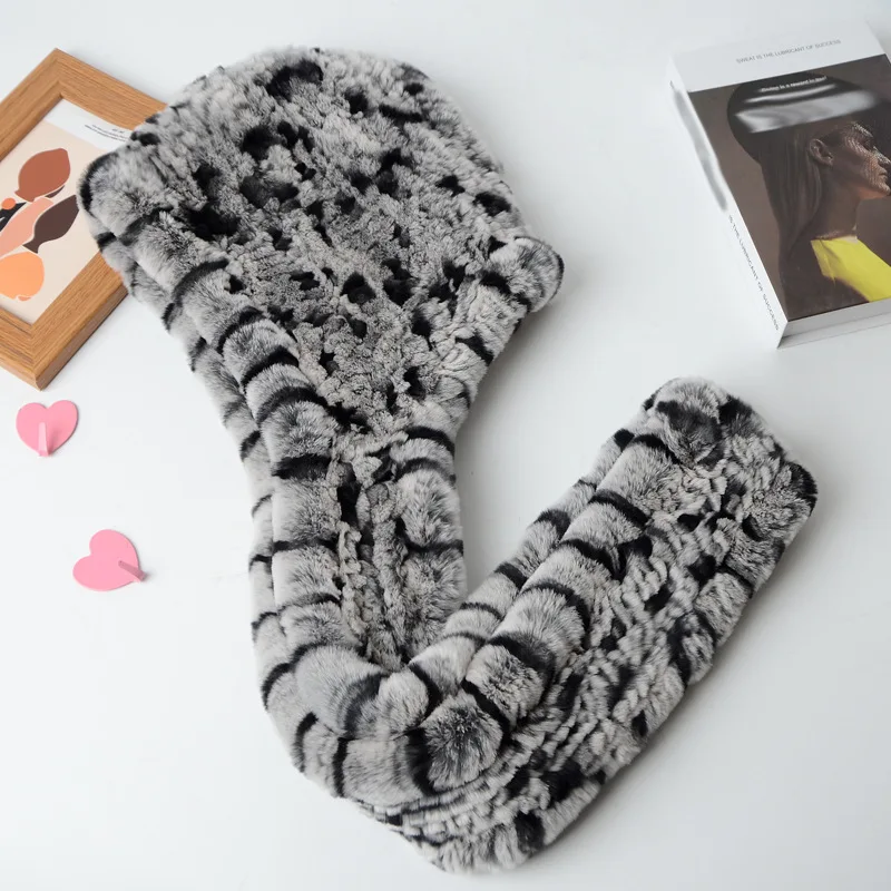 Real Rabbit Fur Tie Dye Hood Handmade Snood Scarf for Women Wholesale Warm Winter Colorful Fuzzy Fur Infinity Scarf Hat Set