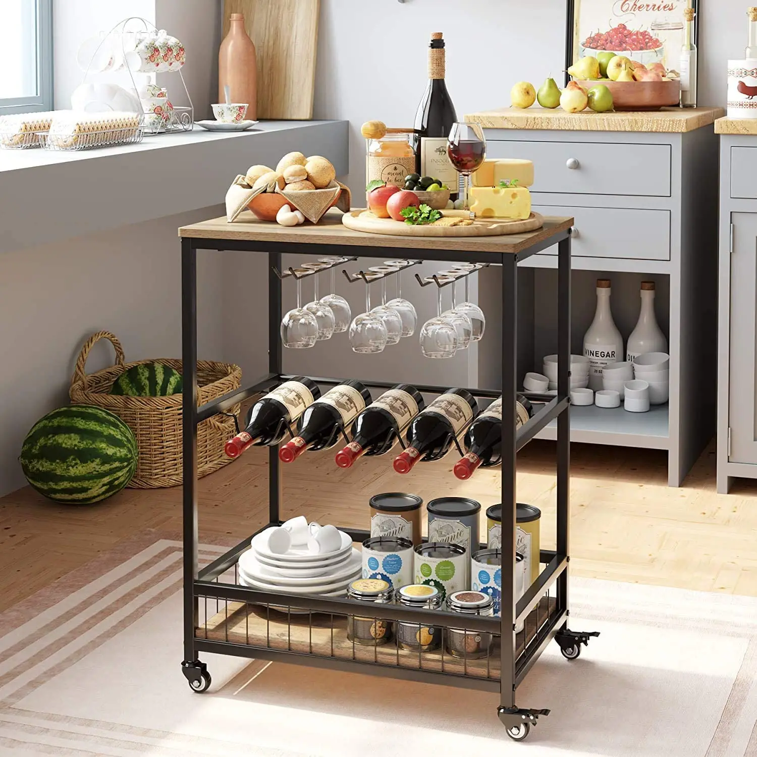 
Wine Bar Cart, Simple Modern Beverage Cart with Wine Rack/Glass Holder, Rolling Serving Cart with Lockable Wheels for Home Kitc 