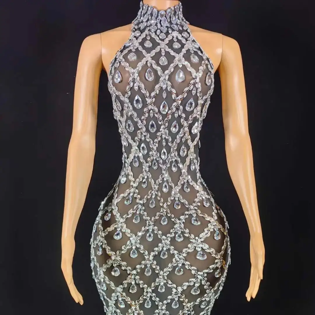 Shining Rhinestone Birthday Long Dress Women Sexy Drag Queen Outfit Stage Performance Wear Backless Nightclub Costume