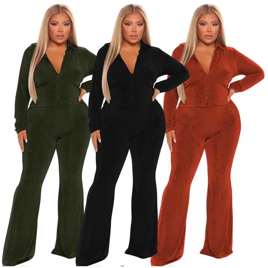 2022 Spring Winter Solid Casual Fashion Boutique Clothing Women Plus Size Long Sleeve Button Up Two Piece Pant Set