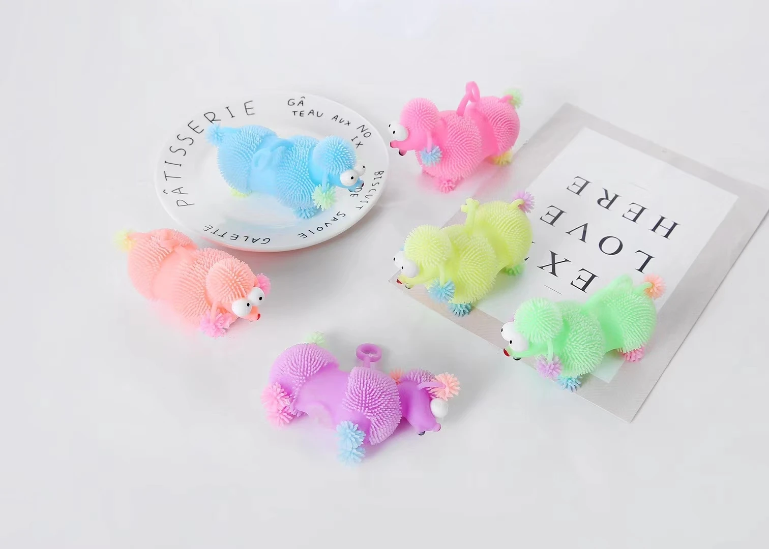 LED flashing flexible hairy sensory sticky toy Beejay hot selling fashion relax colorful rubber bouncy poodle dog puffer toy