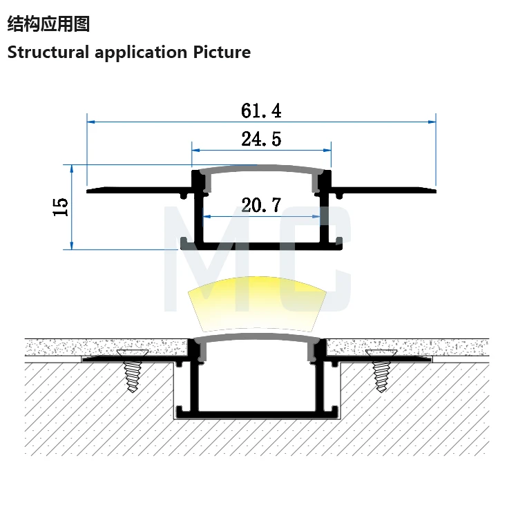 61*14mm led strip channels plaster aluminum glass u channel architectural gypsum plaster