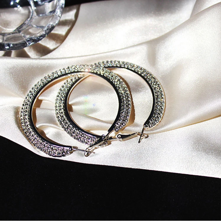 High quality silver plated big hoop earrings jewelry custom extra large rhinestone hoop earrings for women