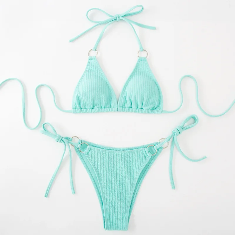 European American Style Sexy Solid Color 1 Piece Silk Bikini Beach Suit Quick Dry V-Neck Micro Sets With String Brazilian Bottom