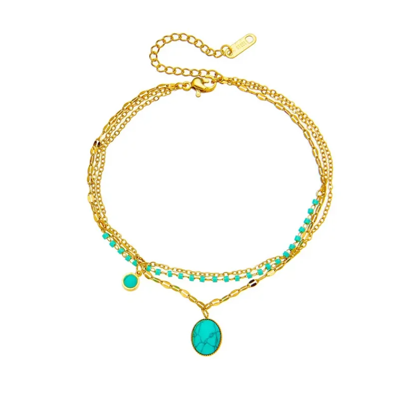 Wholesale Trend Jewelry Gemstone Bracelet Fashion Non Tarnish Stainless Steel Muti Layer Turquoise Link Chain Bracelet For Women