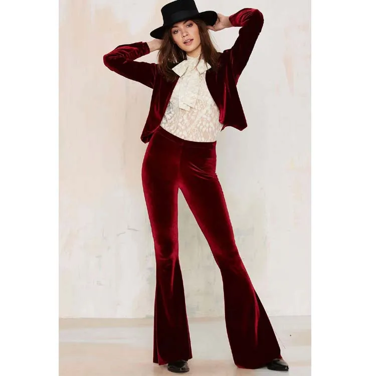 Dropshipping Vintage Golden Velvet High Waist Elastic Velvet Flare Pants Pants Women Trouser