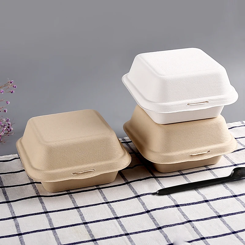 6 inch fast food takeout hamburger packing box sugarcane bagasse burger box packaging clamshell