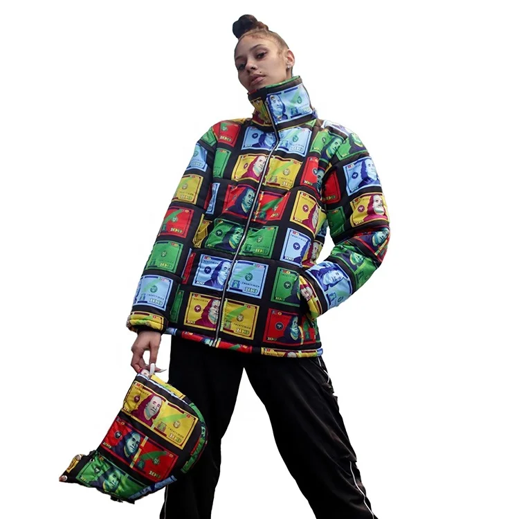 
2021 New Style Wholesale Hat Detachable Color Dollar Bill Printing Coat Hooded Down Jacket Winter Coat For Women With Best Price 