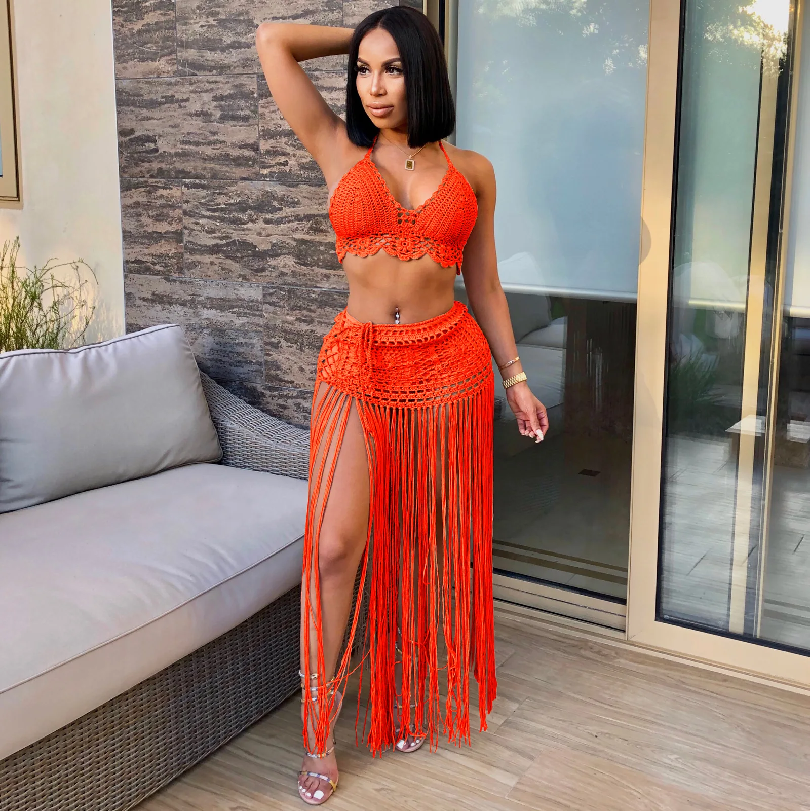 New arrived  hand crochet  Beach dress sexy women Bra top+long tassel skirts Bikini swimwear bathing suit cover-ups