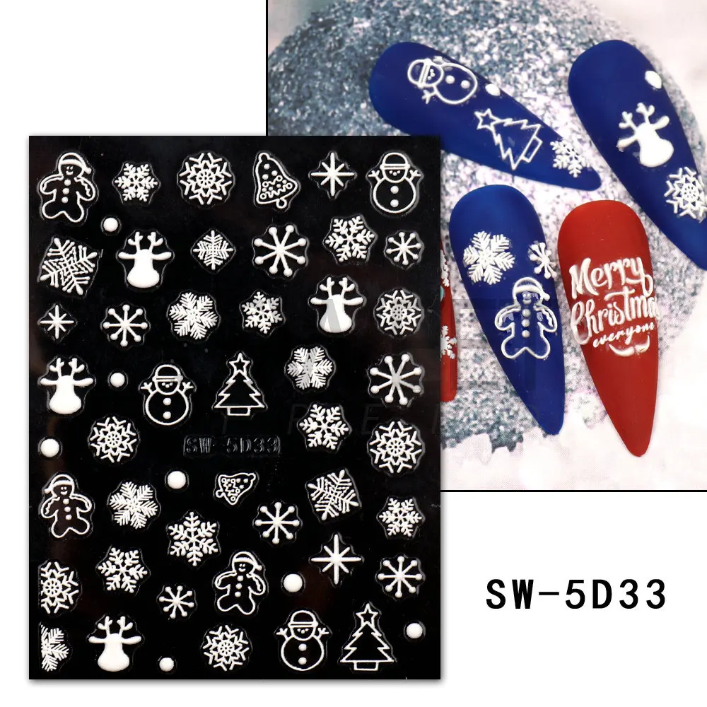 Low price 5d nail art stickers Christmas white snow flake embossed 5d nail decals
