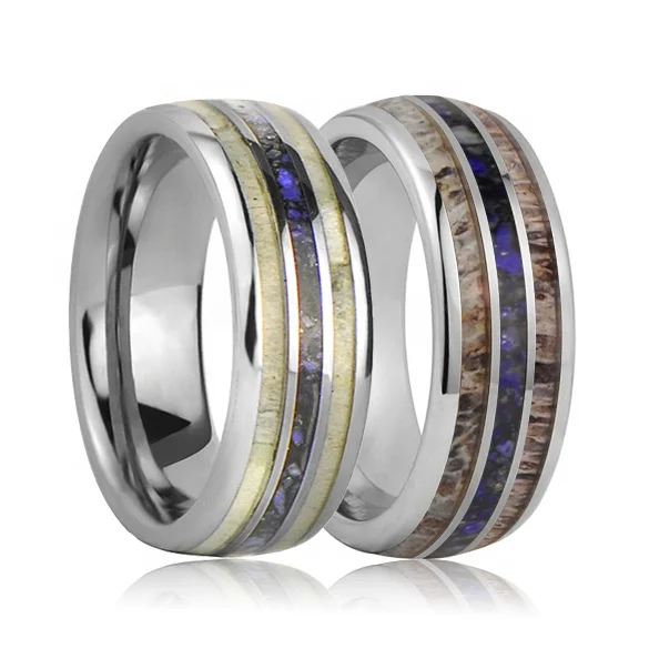 Natural Deer Antler and Lapis Lazuli Ring Tungsten Wedding Rings for Men and Women