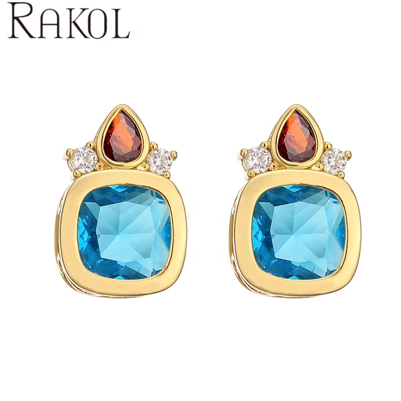 RAKOL EP5461 women new arrival exquisite square shining colorful diamond 18k gold plated stud statement earring