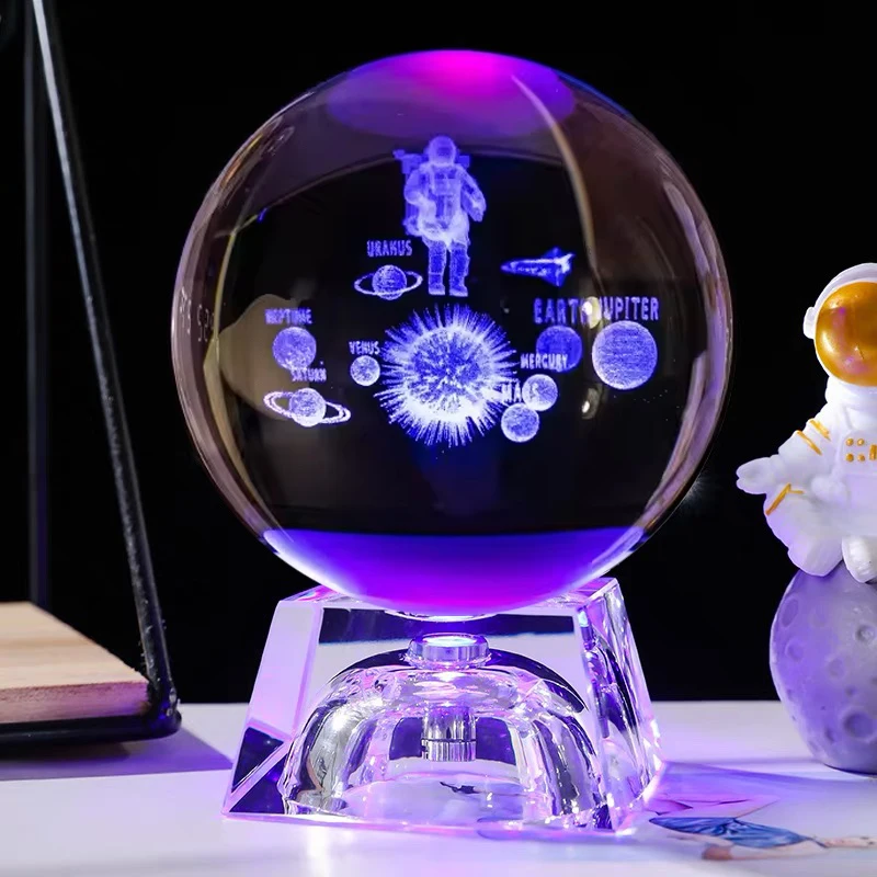 Custom Laser Engraving Moon Galaxy Solar System Saturn Crystal Ball Night Light 3D Table Lamp With Colorful Led Light Base