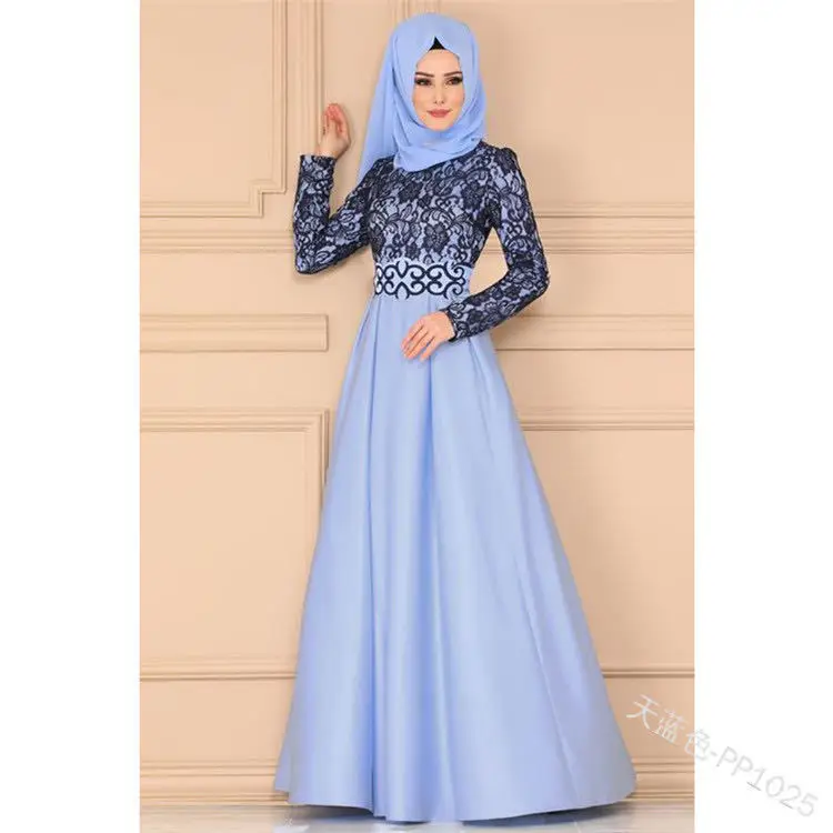 long maxi muslim dress with lace collar a line wedding long skirt for muslim eid clothes for women single dress