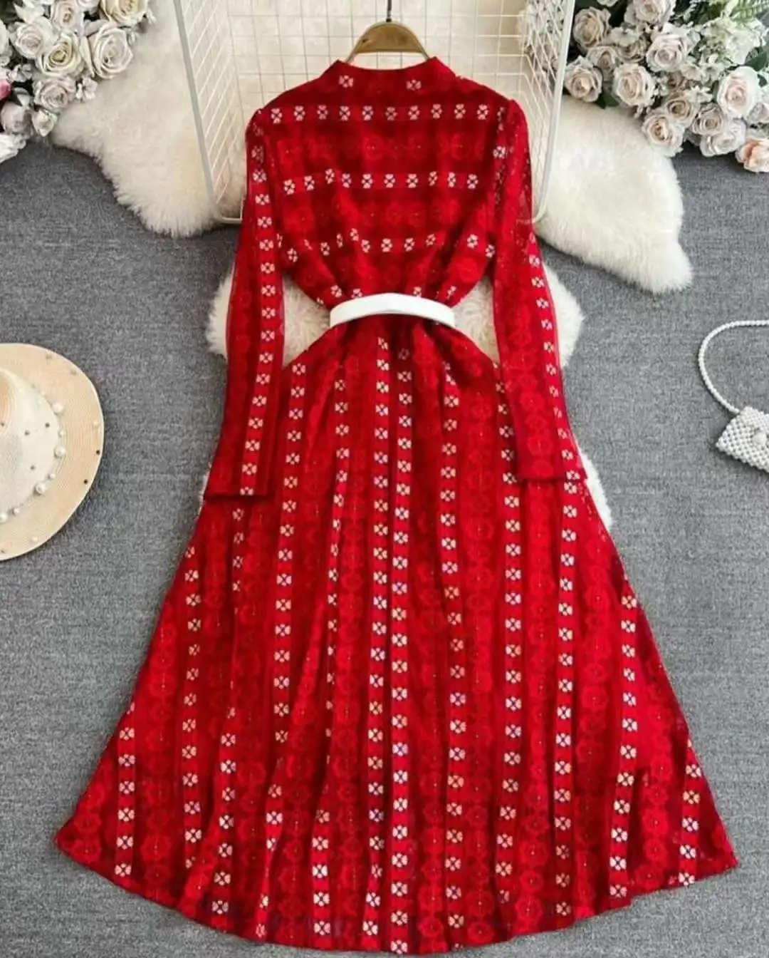 Newest  Autumn Season Casual Style  Single Breasted surface Beaded Fashion Guipure Lace Solid Color  Long Woman Dress