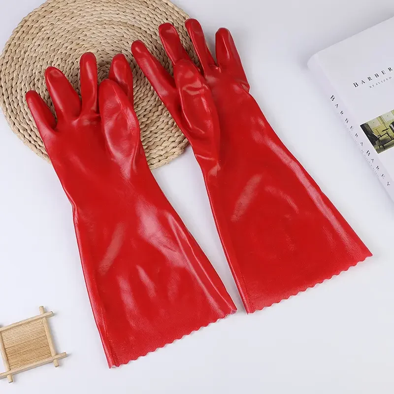 27cm Oil Resistant Chemical Proof Industrial Red Anti slip water Proof PVC Coated Long Sleeve Gloves