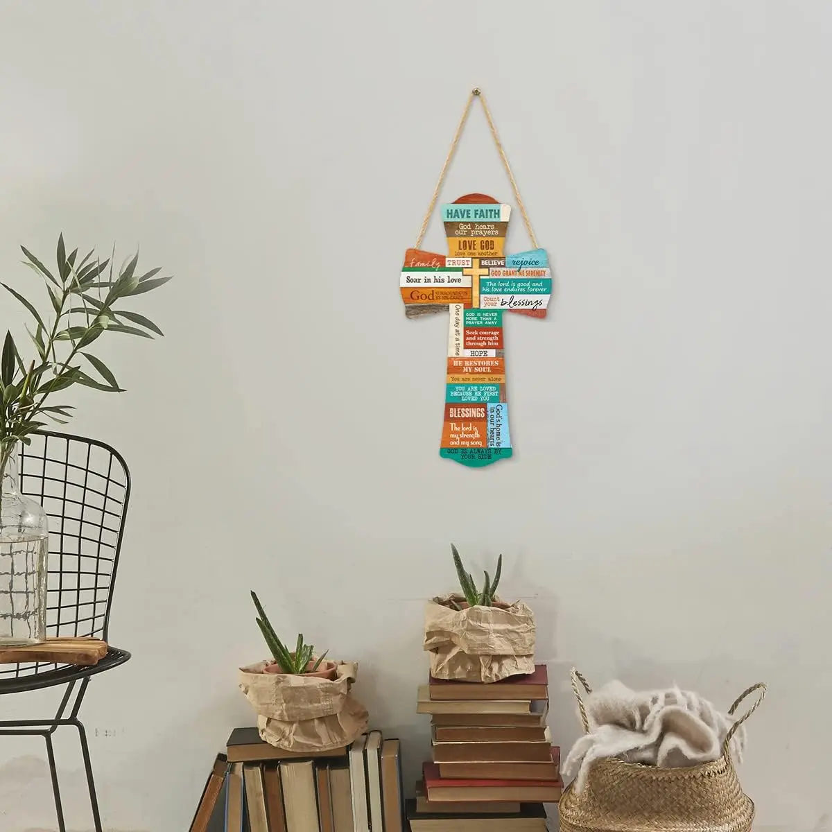 Cross Wood Hanging Wall Sign Plaque Christian Bible Verse Colorful Inspirational Scripture Quote Art Front Door Farmhouse Home