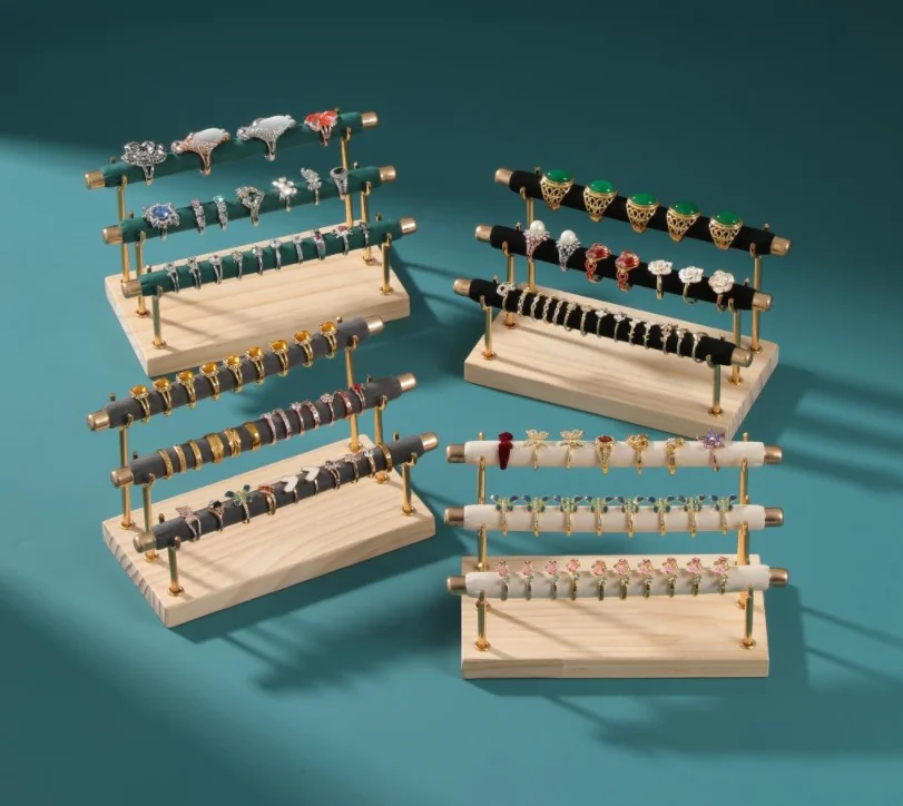 Three-Layer Solid Wood and Wrought Iron Ring Display Rack Jewelry Packaging & Display