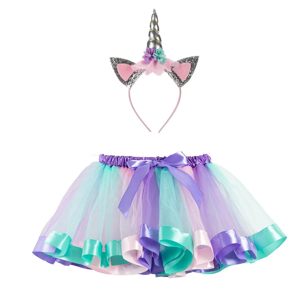 Popular New Arrival Colourful Princess Dance Gauze Tutu Skirts With Ribbon Bow Unicorn Hair Band 2pcs/set