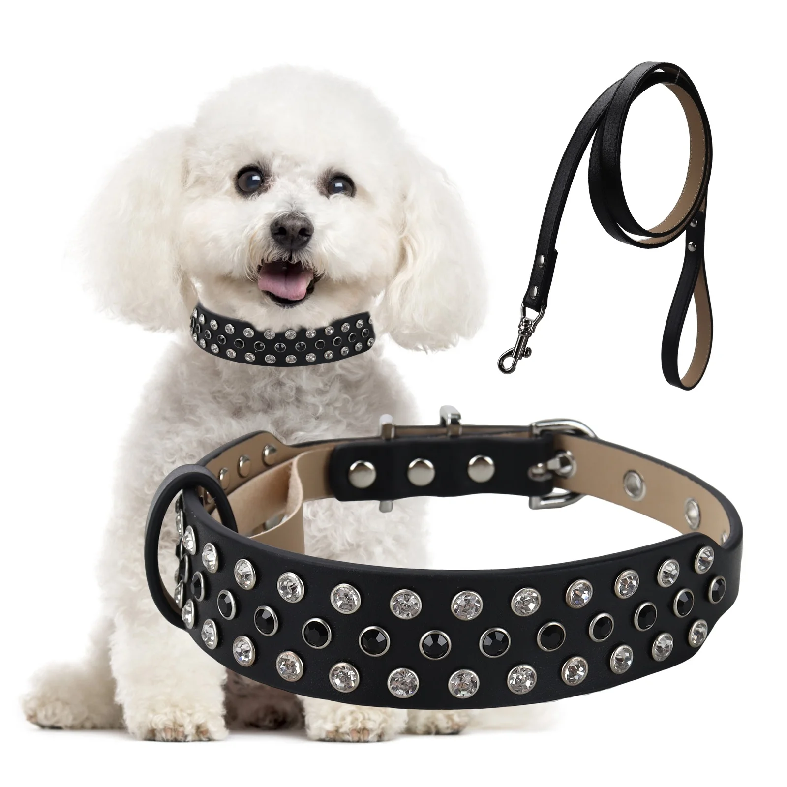 New Product Black Pet Accessories Microfiber Leather Sparkling Luxury Bling Rhinestone Dog Collar And And Leash Set
