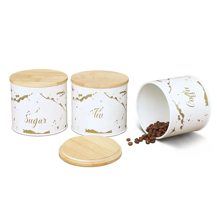 Kitchen Metal Round Tea Sugar Coffee Canister Set of 3 with Bamboo Lid Storage Container for Kitchen Storage Boxes & Bins