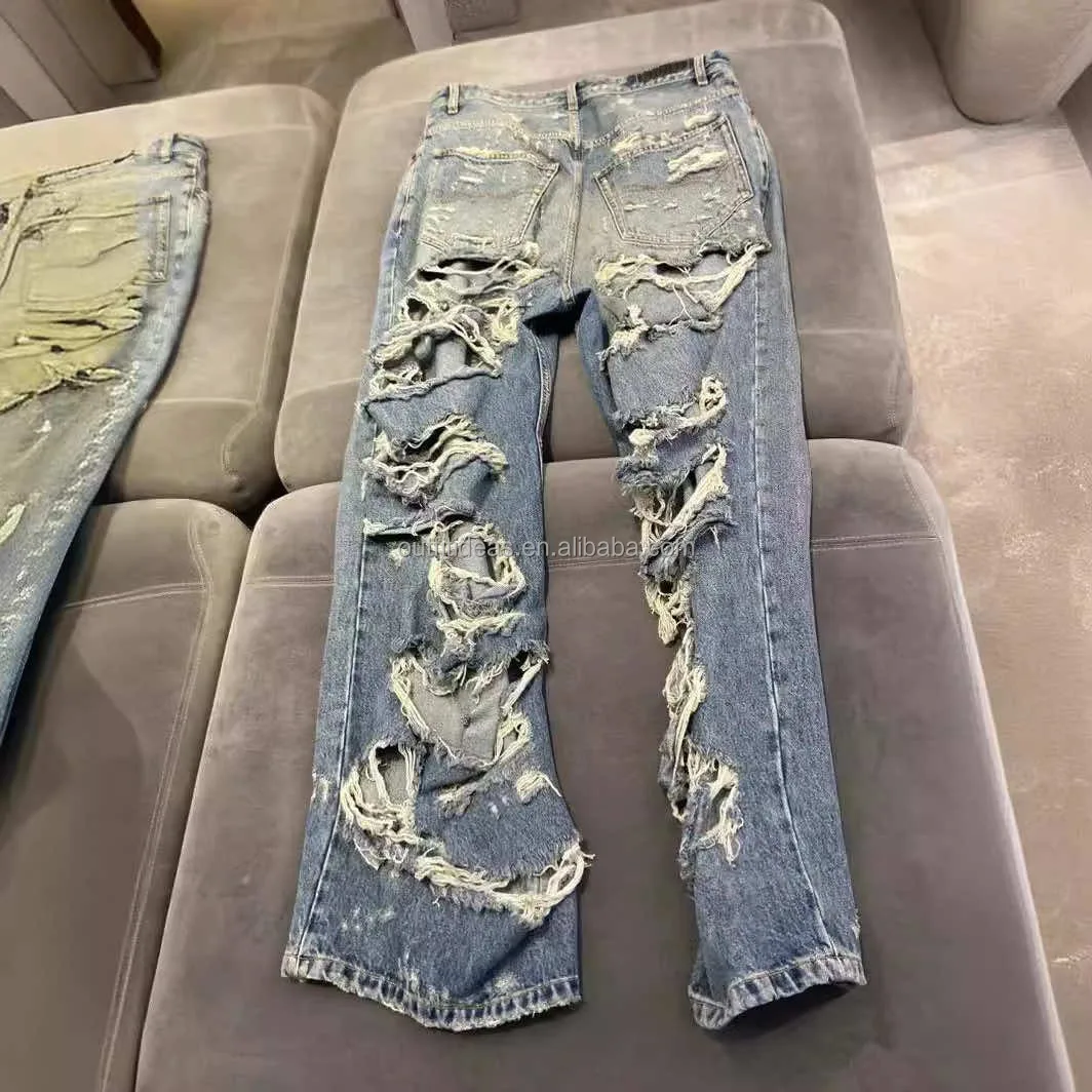 Exaggerated New Luxury Distressed Oversized Super Destroyed Denim Black Layered Baggy Blue Jackets Wide-leg Ripped Jeans For Men