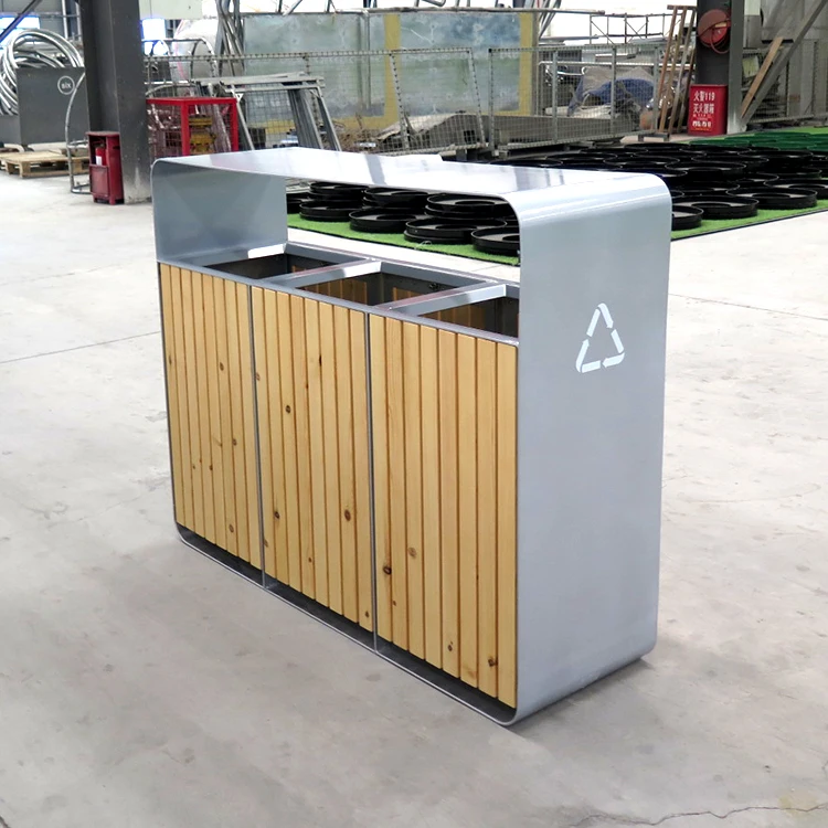 Haoyida outdoor public sorting trash bin classified garbage can outside garden 3 compartments WPC wood waste receptacle