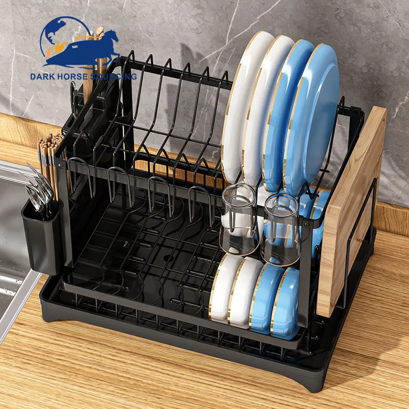 Household kitchen use Multifunction carbon steel Detachable 2 Tier Dish Drying drain Rack Water cup Storage Holder
