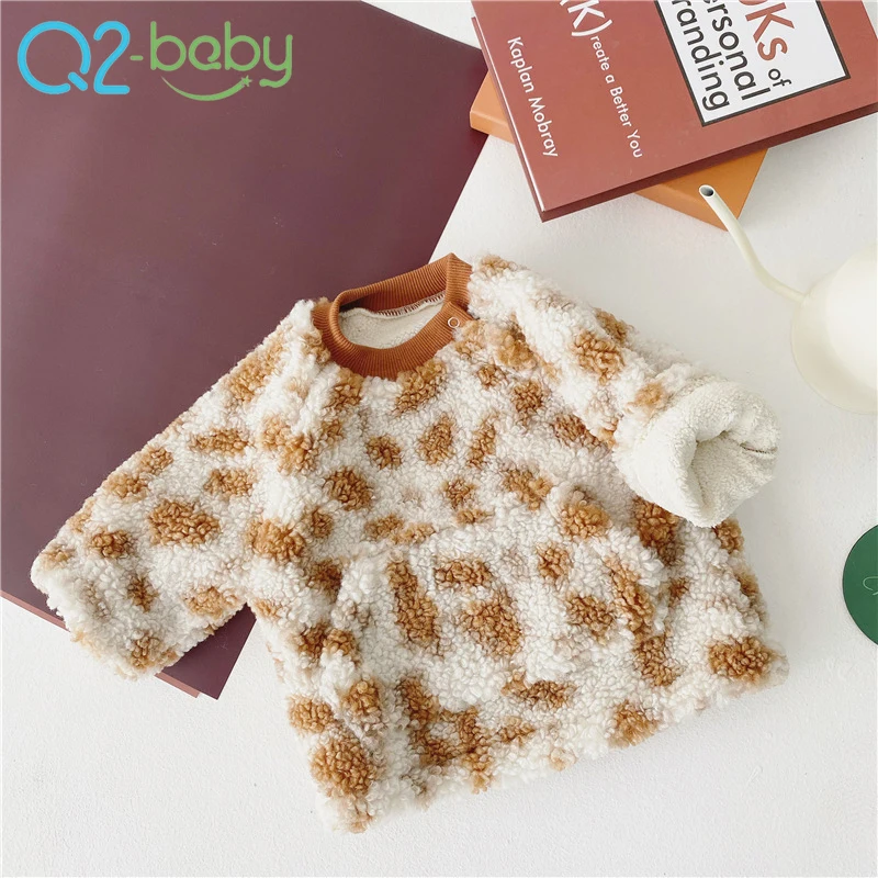 
Winter new baby lamb hair plus velvet sweater thick leopard print pullover clothes crew neck baby sweater 2439 