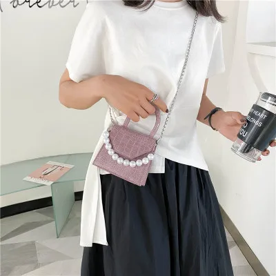 M197 trend ins elegant spring single shoulder purses pearl slant bag ladies square handbag small chain satchel