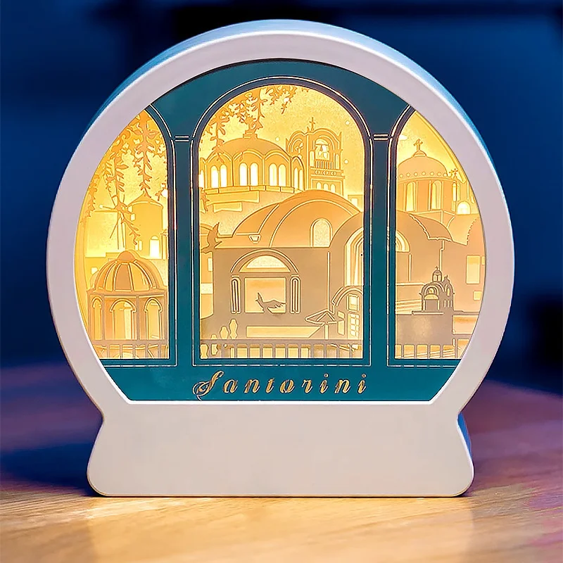 Santorini beach beautiful light shadow carved paper lamp tabletop decoration night light