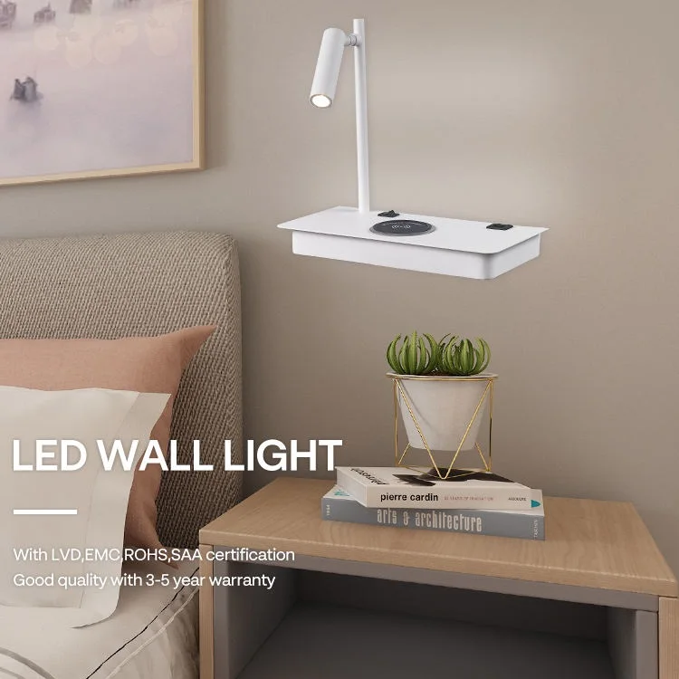 3W Indoor Reading Light USB Rechargeable Bedside Bedroom LED Wall Lamp With Wireless Charging
