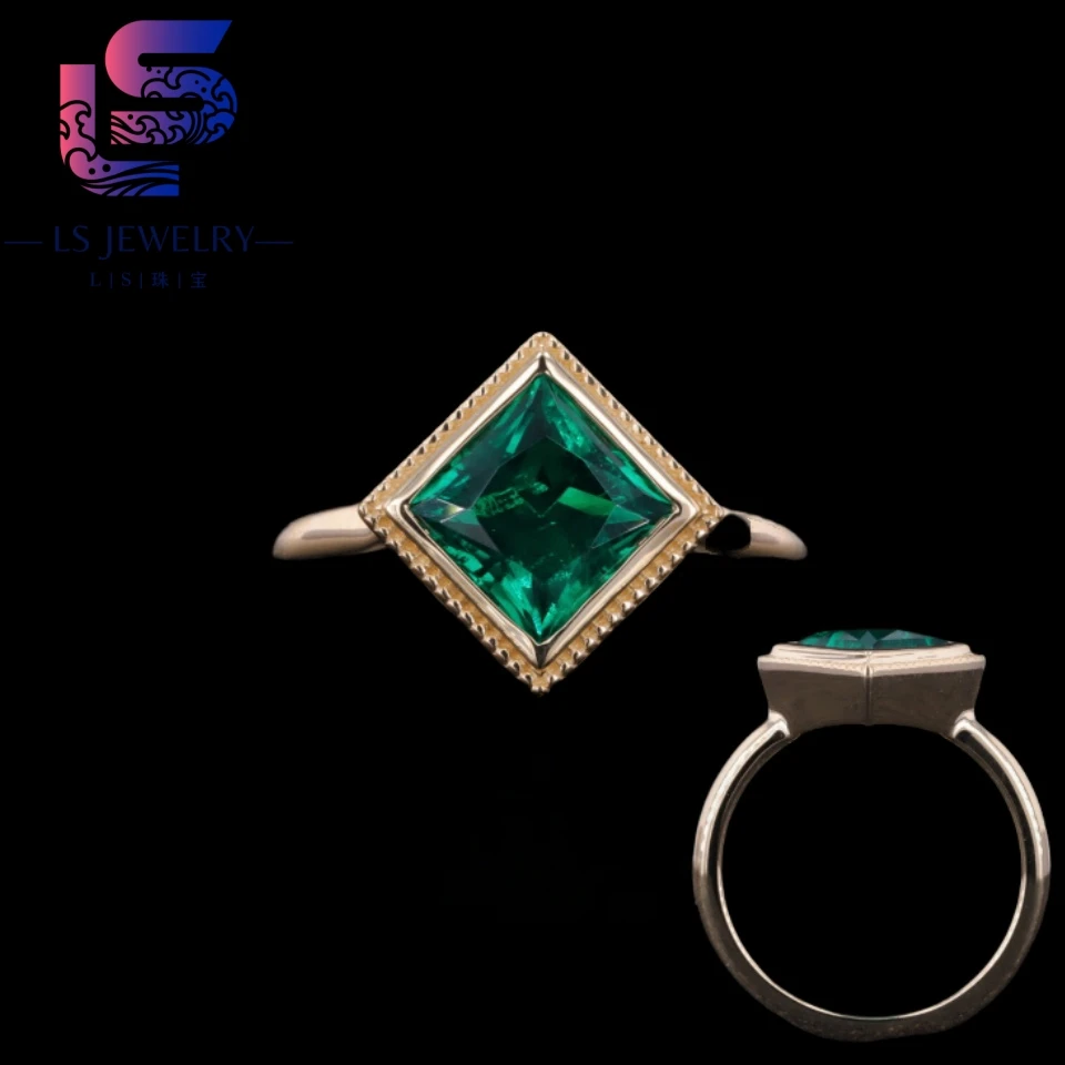 Fashion woman square cut columbia 10k 14k 18k gold fine jewelry Lab Grown Emerald Ring wedding ring