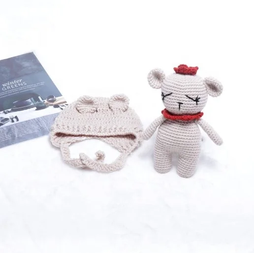 Newborn Baby Photography Photo Props handmade outfit Crochet Knitted bear bonnet and teddy bear set for Photo Shoot