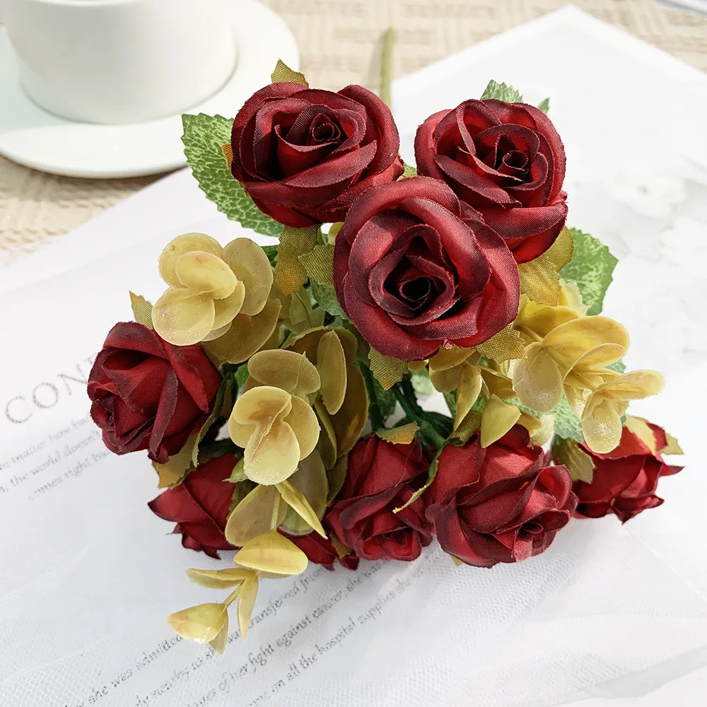 SEASON Autumn  Mini Roses Flower  with Eucalyptus Bush Wedding Decoration Flower Arrangement Artificial Rose Bouquet