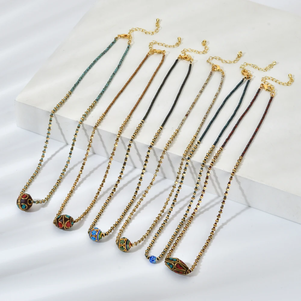 ZMZY Ancient gold Plated Retro Nepal Tibet Beads Enamel Handmade Necklace Boho Buddhist National Style Pendants Choker Gift