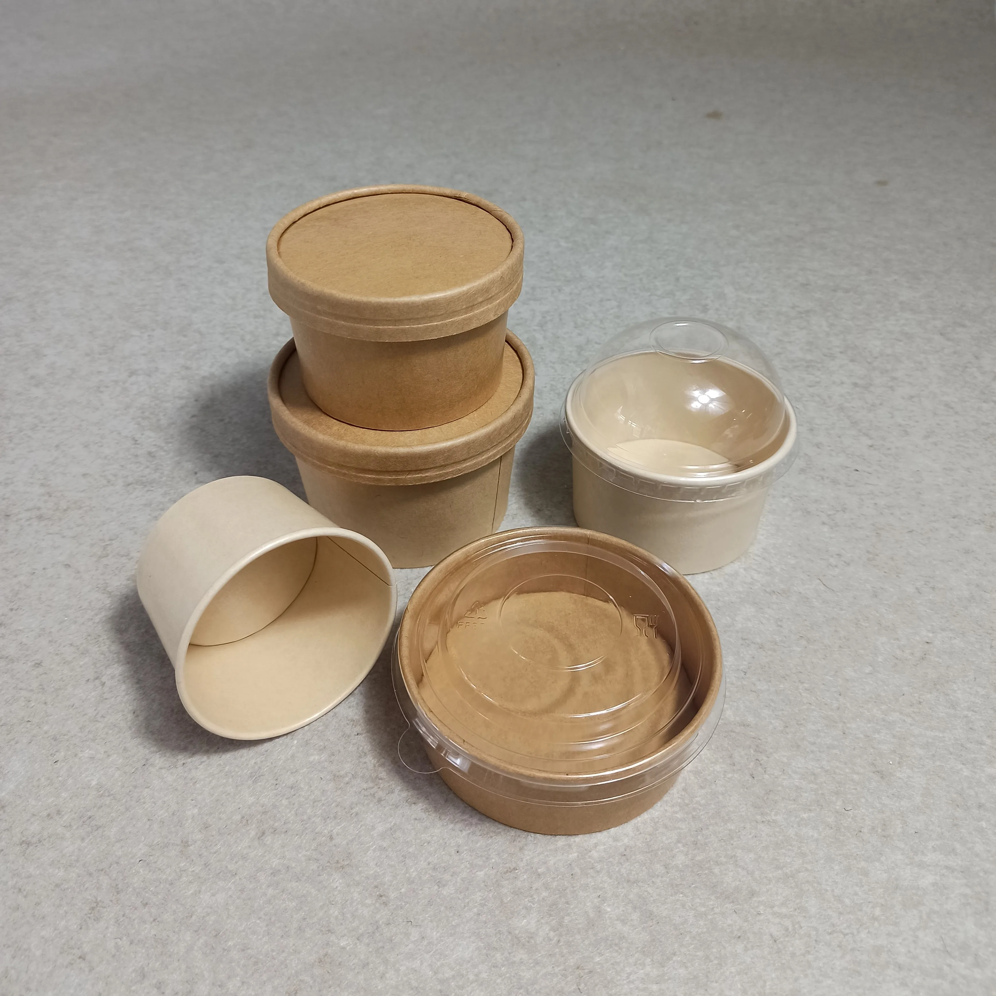OEM Printing Disposable Takeaway Kraft Paper Ice Cream Cup Bowl with PET Lid Kraft Paper Bowl Craft Paper Snack Food Packaging