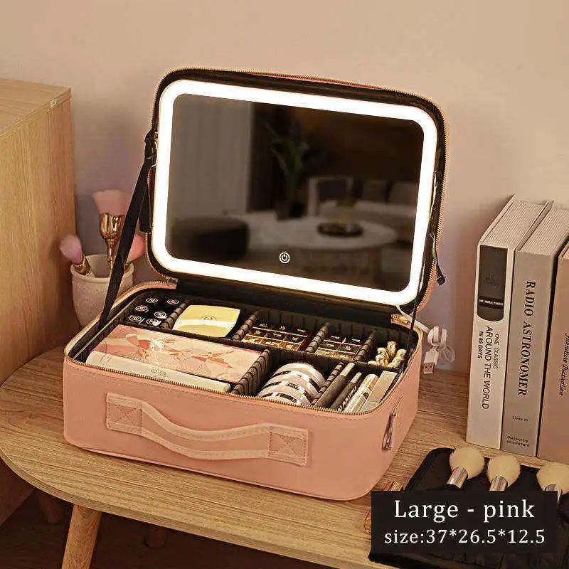 Makeup Case High Capacity Cosmetic Suitcase Full Empty Travel Makeup Organizer Make Up Storage bag with led light mirror