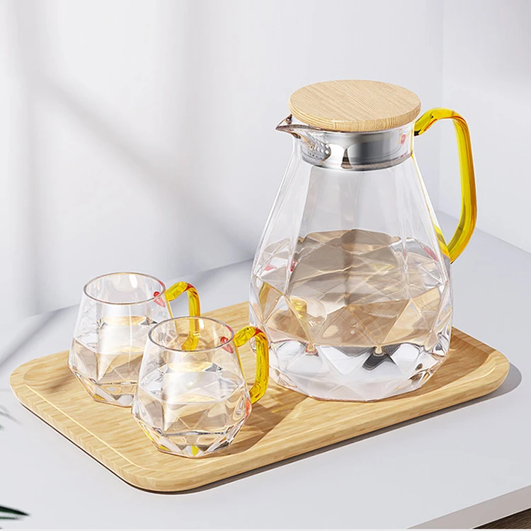 Diamond Borosilicate Glass Carafe Water Kettle Jug with Wood Lid and Cups Set