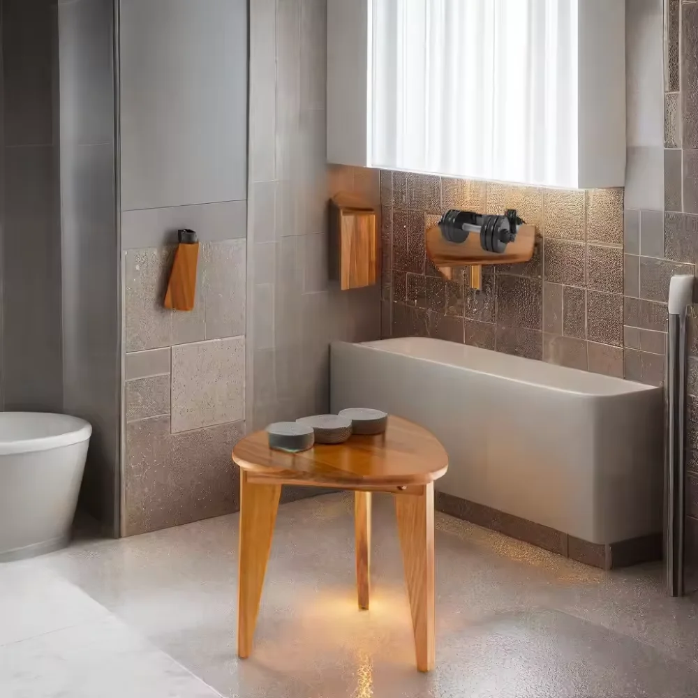 Contemporary Acacia Corner Shower Stool Small Space Bathroom Furniture for inside Shower Use