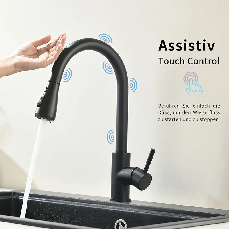 Touch control pull out 3-speed adjustable 360 rotatable 304 stainless steel kitchen sensor faucet
