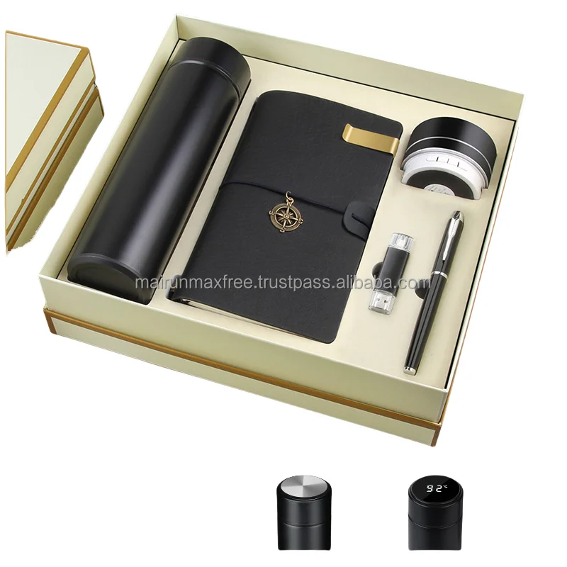 Without MOQ  2021 New Arrival A5 Notebook + vacuum flask + USB flash drive + pen + A5 notebook + speaker + power bank Gifts Set