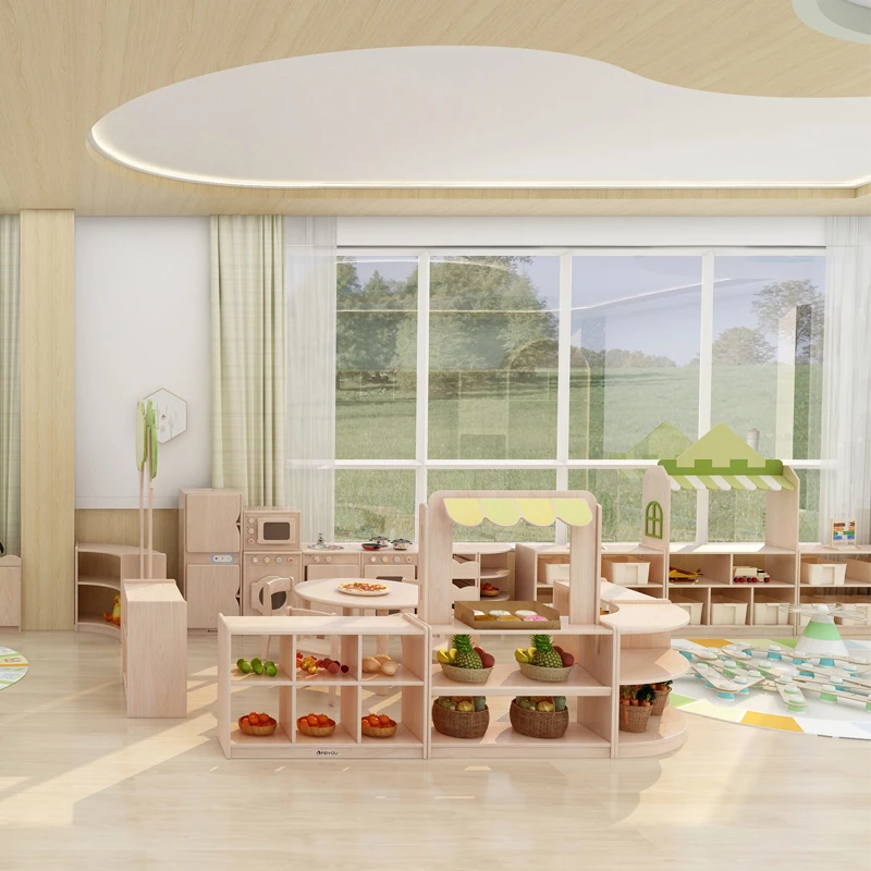 Simple round legs rectangular table combination kindergarten school furniture for children furniture for preschool wooden