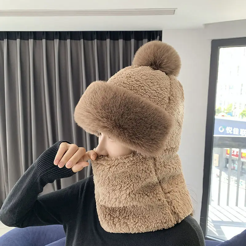 2 in 1 Knitted Hat Pompom Plush Ears Protection Pompom Beanie Winter Women Face Cover Neck Hat Gaiter Warmer Beanie Cap for Ski