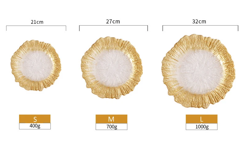 Wholesale China plates reef gold unbreakable transparent glass plates bulk clear wedding crystal charger plate with gold rim